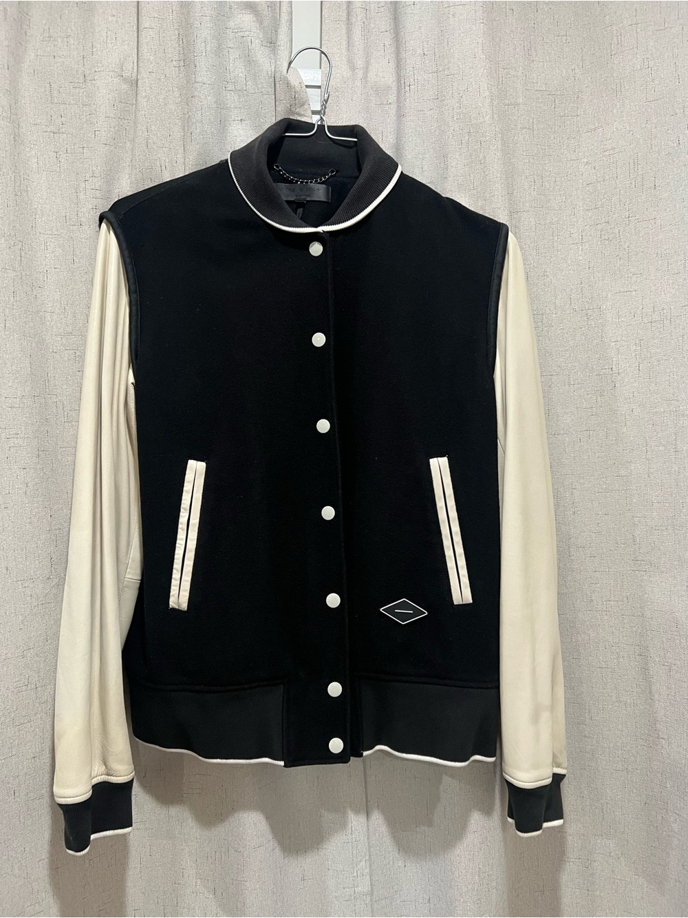 Rag & Bone Black and Cream Varsity Jacket with Snap Front